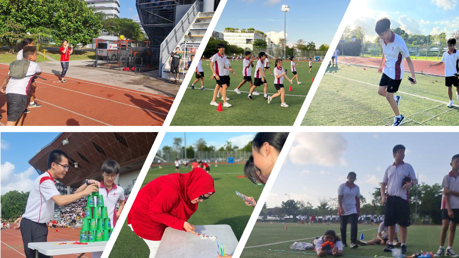 Collage of students doing sports drills on track and field, stacking cups, and recording results outdoors.